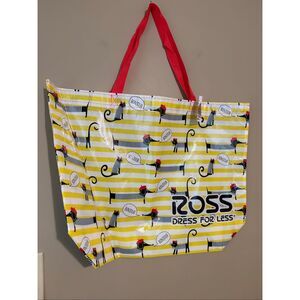 Ross Reusable Shopping Bag Yellow White Stripe Dachshund Cat French Bonjour NWT